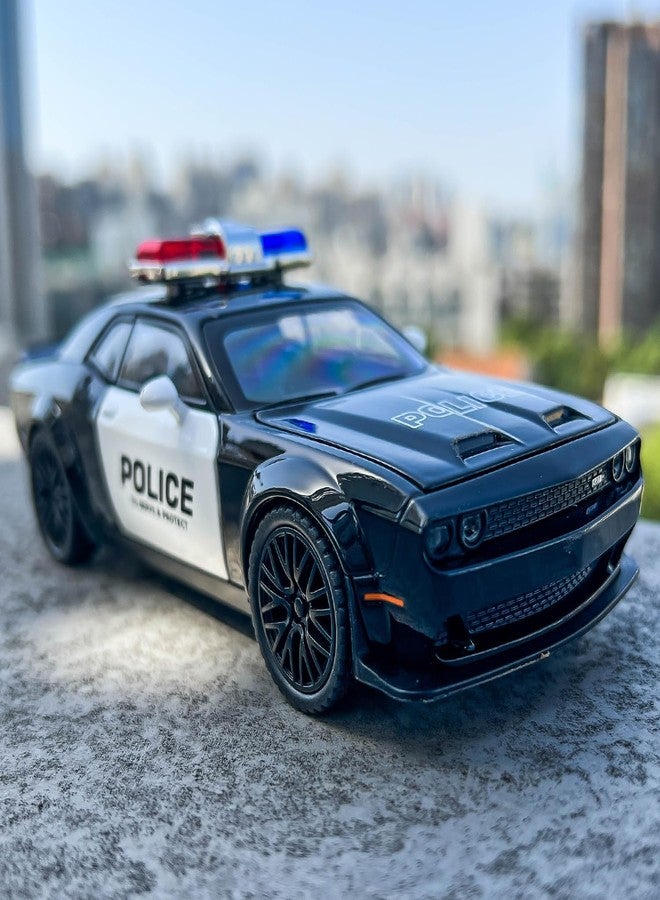 KING FORU Scale Exclusive Alloy Metal Pull Back Die-cast Car Model with Sound Light Mini Auto Toy for Kids Metal Model Toy Car with Sound and Light (1.24 Scale Dodge Challenger Police-Black) - Image 3